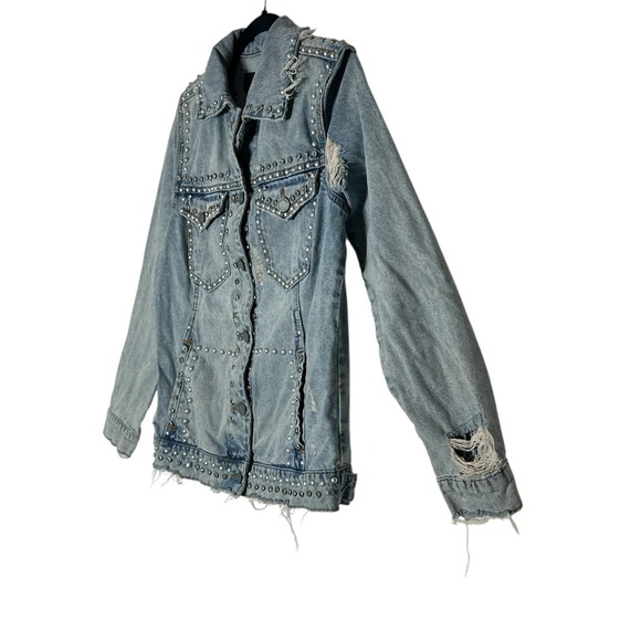 BLANKNYC Denim Jacket Womens XS Blue Studded Pearl Distressed Star Oversized - Picture 10 of 10